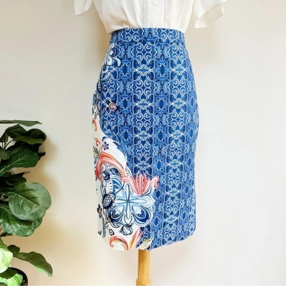 Anthropologie blue floral pencil skirt